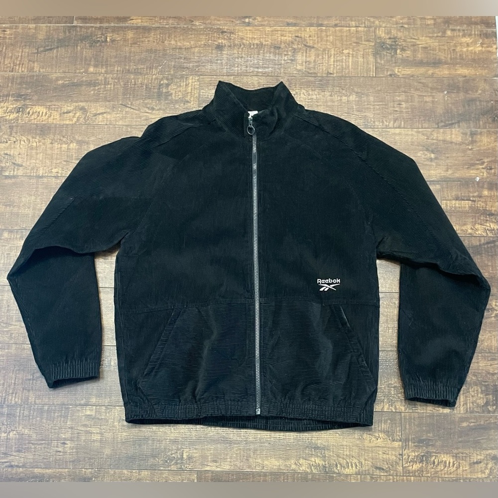 NEW Reebok Men's Black Corduroy Zip-Up Jacket Track Top Pockets Medium Sample